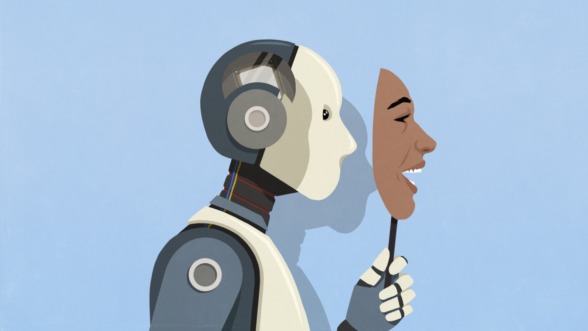 een robot doet zijn mensenmasker af