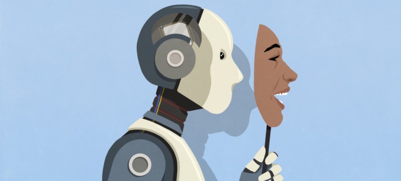 een robot doet zijn mensenmasker af