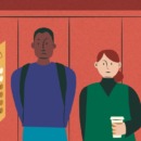 twee mensen staan ongemakkelijk naast elkaar in de lift