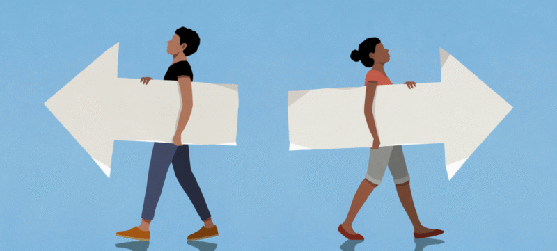 Illustratie van man en vrouw die weglopen van elkaar