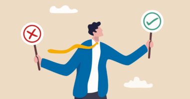 Illustratie van een man met een bordje waar en een met niet waar