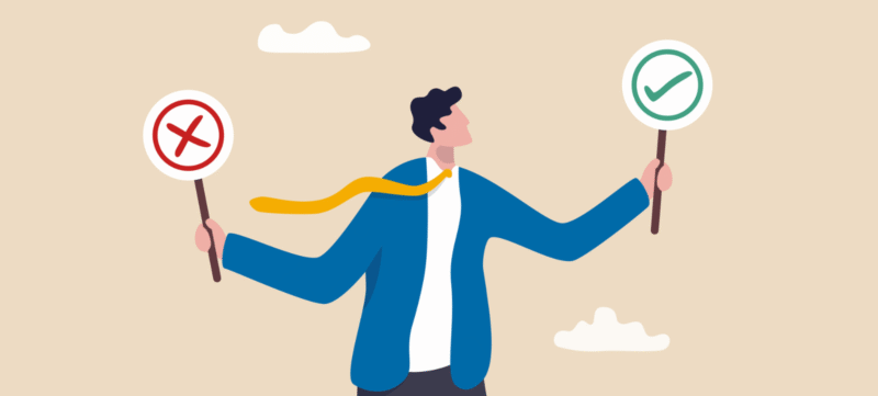 Illustratie van een man met een bordje waar en een met niet waar