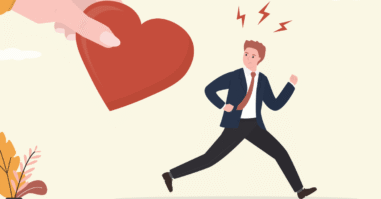 Illustratie, man rent weg van een hart