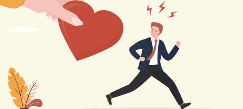 Illustratie, man rent weg van een hart