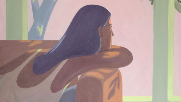 illustratie van een vrouw die op de bank ligt en voor zich uit staart