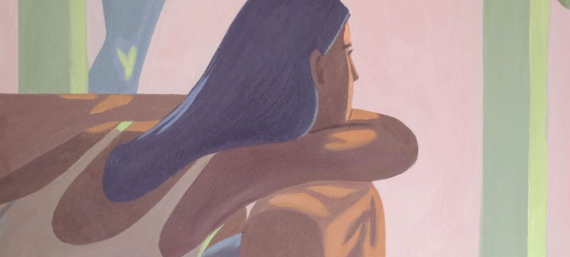 illustratie van een vrouw die op de bank ligt en voor zich uit staart