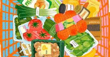 illustratie van gezonde boodschappen in een boodschappenmand