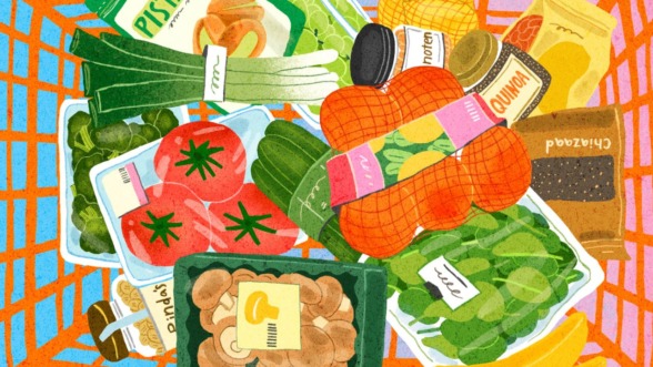 illustratie van gezonde boodschappen in een boodschappenmand