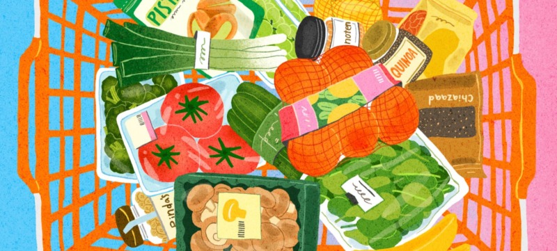 illustratie van gezonde boodschappen in een boodschappenmand