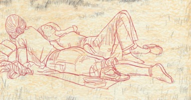 illustratie van twee mensen die in het park liggen en hun klimaatangst hebben overwonnen
