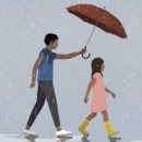 illustratie van een ouder die zijn kind beschermt voor de regen