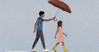 illustratie van een ouder die zijn kind beschermt voor de regen