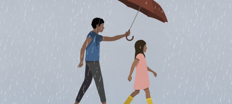 illustratie van een ouder die zijn kind beschermt voor de regen