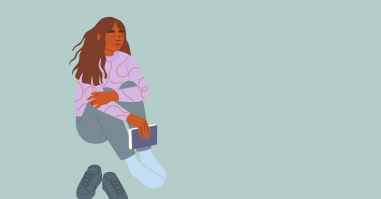 Illustratie van vrouw, zittend met een boek
