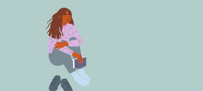 Illustratie van vrouw, zittend met een boek