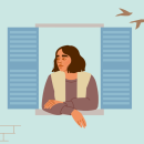 illustratie van vrouw die uit het raam kijkt