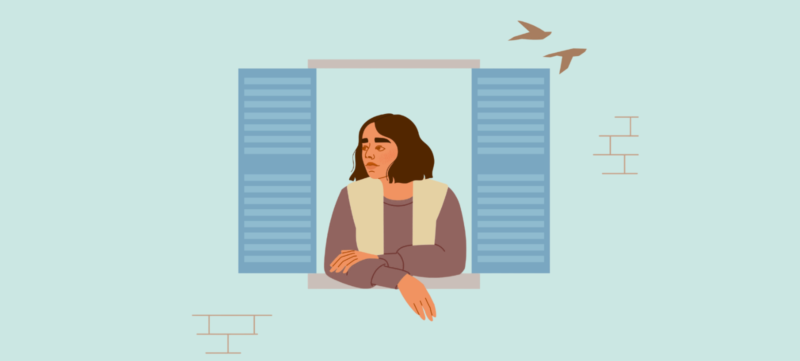 illustratie van vrouw die uit het raam kijkt