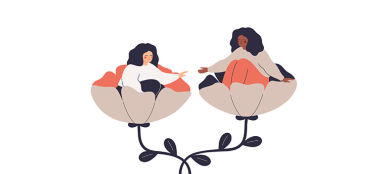 een getekend beeld van twee vrouwen op bloemen die elkaar de hand toereiken als beeld bij tekst over suïcide preventie