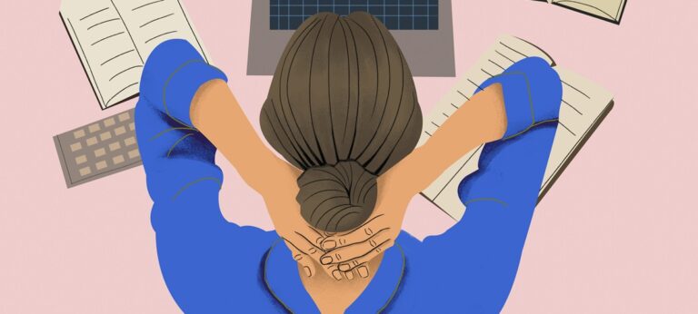 illustratie van een vrouw die achter haar laptop bij een artikel over hsp's op het werk