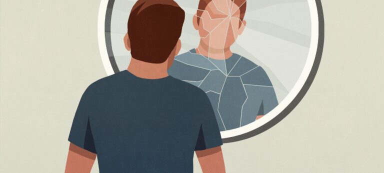 Illustratie van een man die in een gebroken spiegel kijkt bij een artikel over narcisme